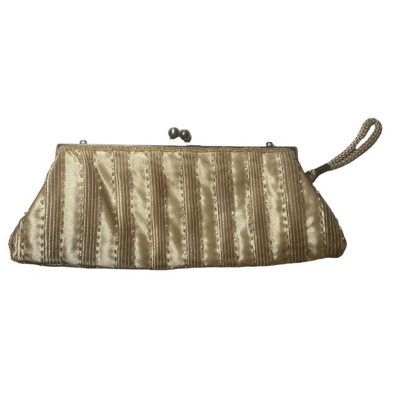 VINTAGE 60s Mad Men Gold Beaded Kisslock Clutch Retro Mrs. Maisel Event Purse - Picture 1 of 16